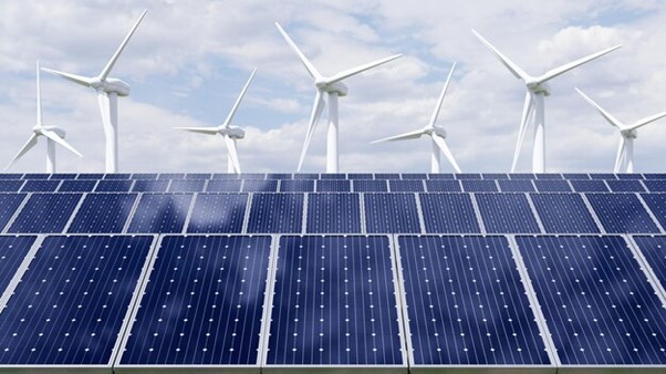 Solar panels wind turbine background